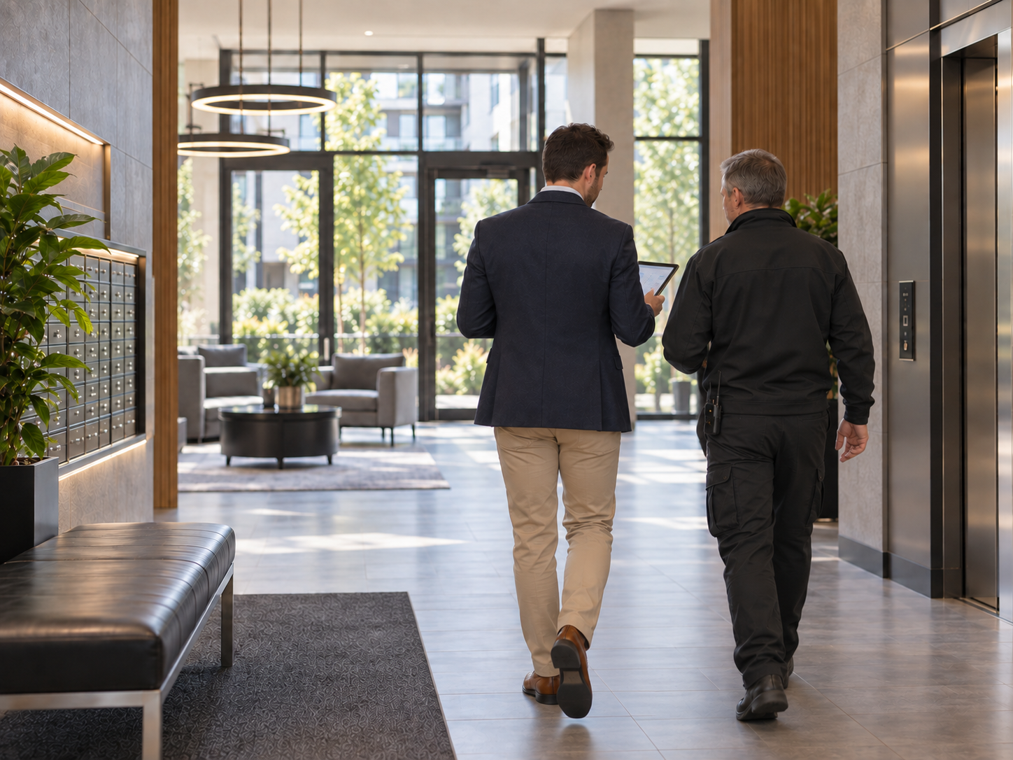 Gestionnaire et technicien échangeant dans le hall d’une copropriété moderne