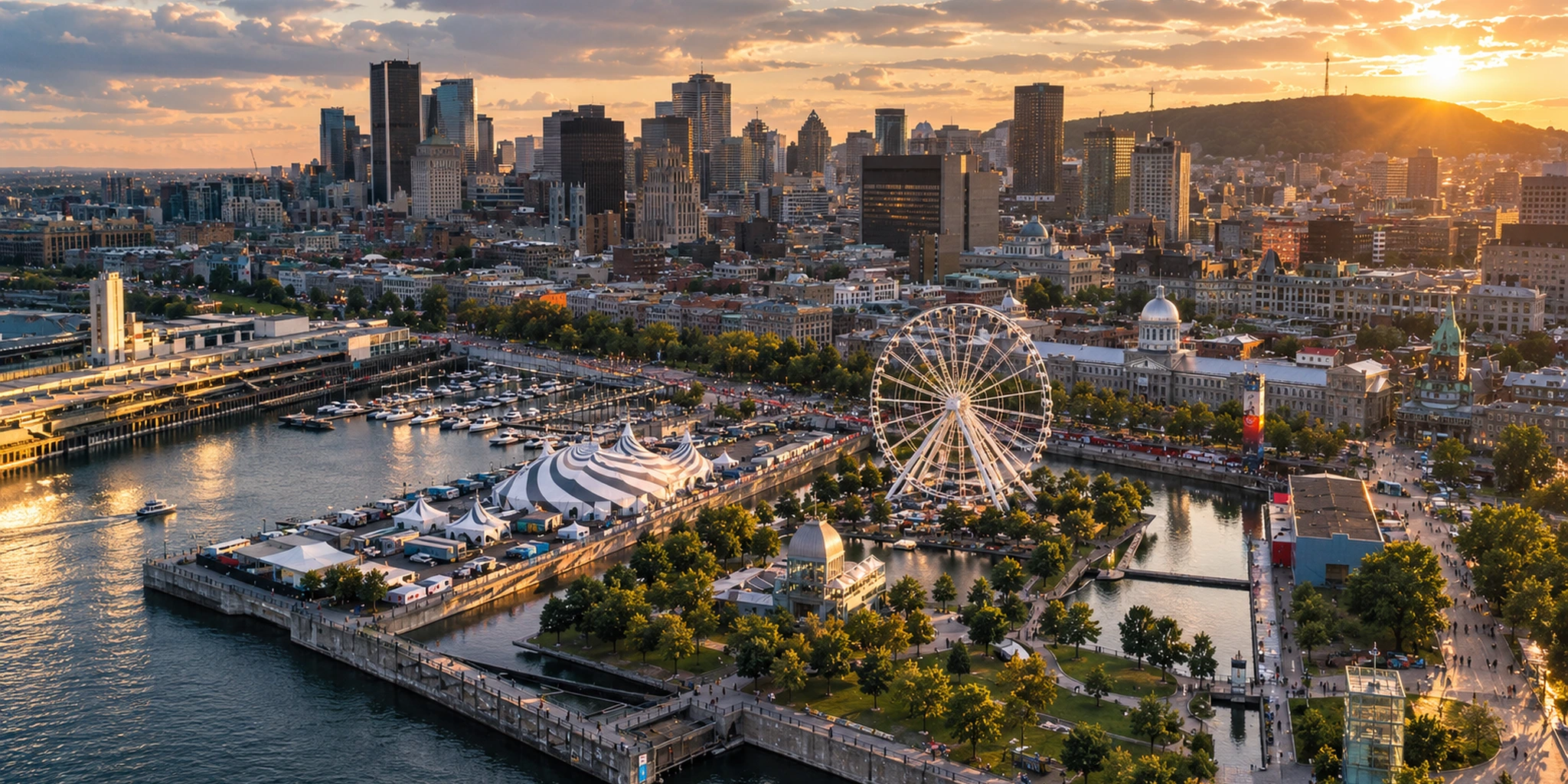 Vue réelle de Montréal et du Vieux-Port au coucher du soleil